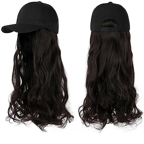 Kappe mit Haarverlängerungen für Damen Lange gewellte synthetische Perücke Baseballkappe mit Haarverlängerungen Hutperücken Knochen Natural Black Connect Wig Einstellbar für Frauen Hut Perücke für von TEESONG