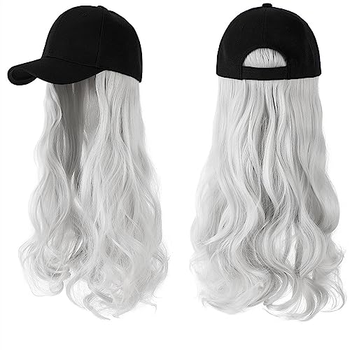 Kappe mit Haarverlängerungen für Damen Lange gewellte synthetische Perücke Baseballkappe mit Haarverlängerungen Hutperücken Knochen Natural Black Connect Wig Einstellbar für Frauen Hut Perücke für von TEESONG