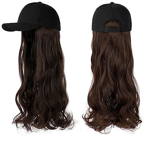 Kappe mit Haarverlängerungen für Damen Lange gewellte synthetische Perücke Baseballkappe mit Haarverlängerungen Hutperücken Knochen Natural Black Connect Wig Einstellbar für Frauen Hut Perücke für von TEESONG