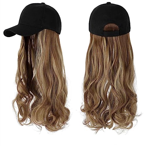 Kappe mit Haarverlängerungen für Damen Lange gewellte synthetische Perücke Baseballkappe mit Haarverlängerungen Hutperücken Knochen Natural Black Connect Wig Einstellbar für Frauen Hut Perücke für von TEESONG