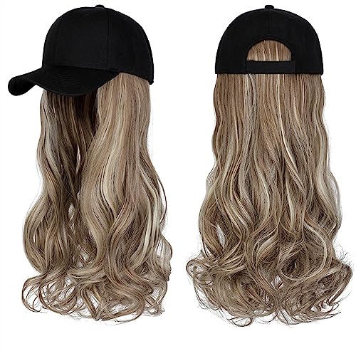 Kappe mit Haarverlängerungen für Damen Lange gewellte synthetische Perücke Baseballkappe mit Haarverlängerungen Hutperücken Knochen Natural Black Connect Wig Einstellbar für Frauen Hut Perücke für von TEESONG