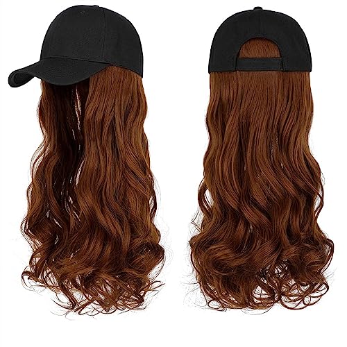 Kappe mit Haarverlängerungen für Damen Lange gewellte synthetische Perücke Baseballkappe mit Haarverlängerungen Hutperücken Knochen Natural Black Connect Wig Einstellbar für Frauen Hut Perücke für von TEESONG