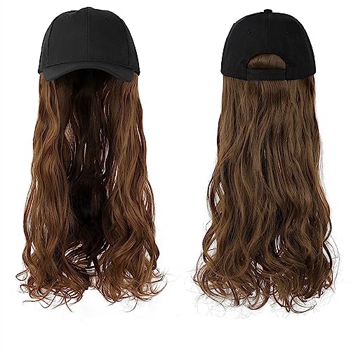 Kappe mit Haarverlängerungen für Damen Lange gewellte synthetische Perücke Baseballkappe mit Haarverlängerungen Hutperücken Knochen Natural Black Connect Wig Einstellbar für Frauen Hut Perücke für von TEESONG