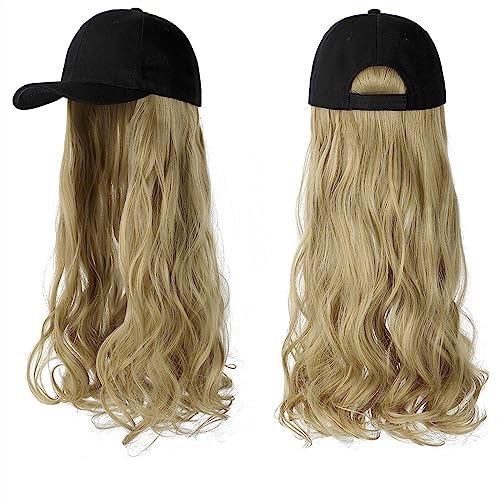 Kappe mit Haarverlängerungen für Damen Lange gewellte synthetische Perücke Baseballkappe mit Haarverlängerungen Hutperücken Knochen Natural Black Connect Wig Einstellbar für Frauen Hut Perücke für von TEESONG