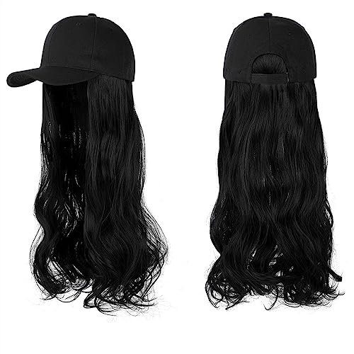 Kappe mit Haarverlängerungen für Damen Lange gewellte synthetische Perücke Baseballkappe mit Haarverlängerungen Hutperücken Knochen Natural Black Connect Wig Einstellbar für Frauen Hut Perücke für von TEESONG