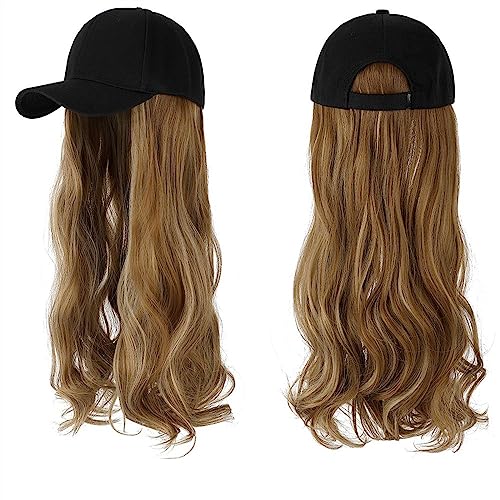Kappe mit Haarverlängerungen für Damen Lange gewellte synthetische Perücke Baseballkappe mit Haarverlängerungen Hutperücken Knochen Natural Black Connect Wig Einstellbar für Frauen Hut Perücke für von TEESONG