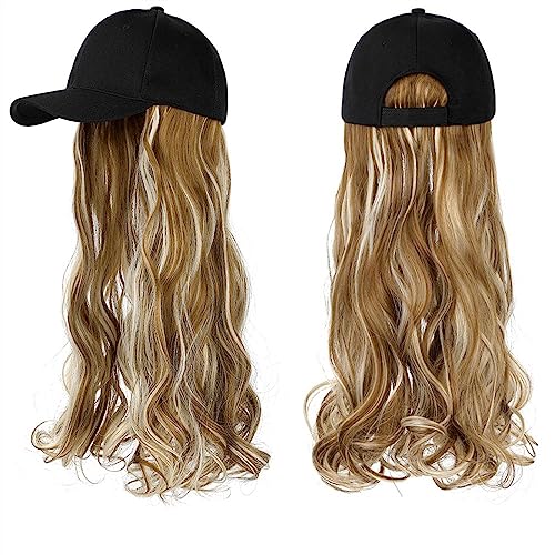 Kappe mit Haarverlängerungen für Damen Lange gewellte synthetische Perücke Baseballkappe mit Haarverlängerungen Hutperücken Knochen Natural Black Connect Wig Einstellbar für Frauen Hut Perücke für von TEESONG