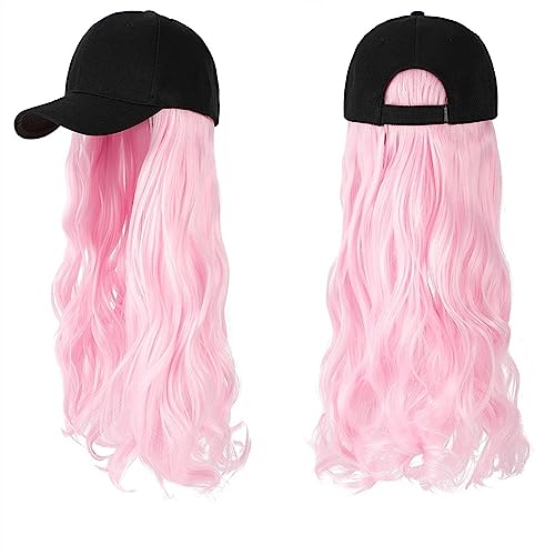 Kappe mit Haarverlängerungen für Damen Lange gewellte synthetische Perücke Baseballkappe mit Haarverlängerungen Hutperücken Knochen Natural Black Connect Wig Einstellbar für Frauen Hut Perücke für von TEESONG