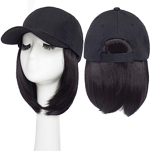 Kappe mit Haarverlängerungen für Damen Synthetische 6 Zoll Baseball Perücke Bob Perücke schwarz Hut Perücken Kappe mit Haar natürlich anschließen Bob Haar verstellbare Baseballkappe Hut Perücke für von TEESONG