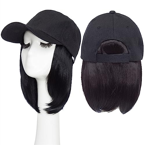 Kappe mit Haarverlängerungen für Damen Synthetische 6 Zoll Baseball Perücke Bob Perücke schwarz Hut Perücken Kappe mit Haar natürlich verbinden Bob Haar verstellbare Baseballkappe Hut Perücke für von TEESONG