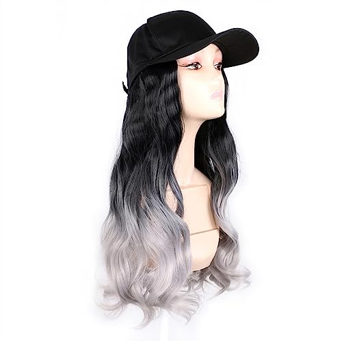 Kappe mit Haarverlängerungen für Frauen Mode schwarze Baseballkappe mit Perücke Lange gewellte synthetische Hutperücken Schließen Sie natürliche verstellbare gerade Haarhutperücke an Hut Perücke für von TEESONG