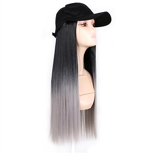 Kappe mit Haarverlängerungen für Frauen Mode schwarze Baseballkappe mit Perücke Lange gewellte synthetische Hutperücken Schließen Sie natürliche verstellbare gerade Haarhutperücke an Hut Perücke für von TEESONG