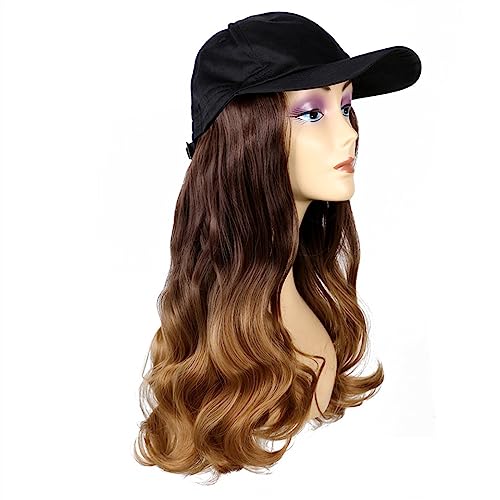 Kappe mit Haarverlängerungen für Frauen Mode schwarze Baseballkappe mit Perücke Lange gewellte synthetische Hutperücken Schließen Sie natürliche verstellbare gerade Haarhutperücke an Hut Perücke für von TEESONG