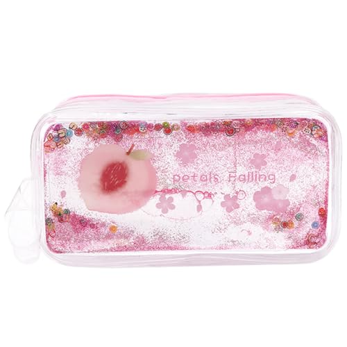 TEHAUX Shiny Quicksand Pencil Case PVC Federmäppchen mit Pfirsich Motiv Transparenter Stiftetui mit Mittlerer Kapazität Handlich und Tragbar für Schule und Büro von TEHAUX