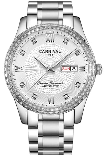 TEINTOP Armbanduhren für Herren Mechanische Uhr Bergkristall Inlay Lünette Automatikuhren (Silber Weiß) von TEINTOP
