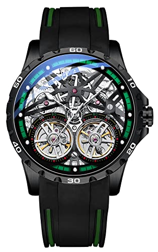 TEINTOP Armbanduhren für Herren Skelett Automatische Uhr Doppelte Unruhräder Uhren (Schwarz Grün) von TEINTOP