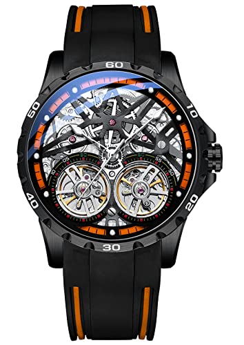 TEINTOP Armbanduhren für Herren Skelett Automatische Uhr Doppelte Unruhräder Uhren (Schwarz Orange) von TEINTOP
