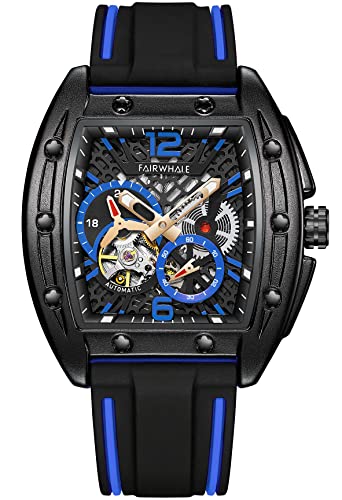 TEINTOP Armbanduhren für Herren Skelett Automatische Uhr Tonneau-Uhren mit Silikonband (Schwarz Blau) von TEINTOP