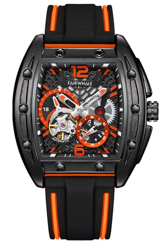 TEINTOP Armbanduhren für Herren Skelett Automatische Uhr Tonneau-Uhren mit Silikonband (Schwarz Orange) von TEINTOP