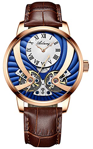 TEINTOP Automatik Uhr Herren Steampunk Skelett Mechanische Leuchtend Lederarmband(Rose Gold Blau) von TEINTOP