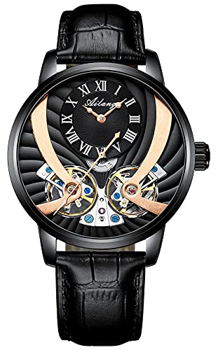 TEINTOP Automatik Uhr Herren Steampunk Skelett Mechanische Leuchtend Lederarmband(Schwarz) von TEINTOP