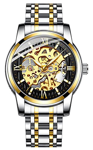 TEINTOP Automatik Uhr Herren Skelett Mechanische mit Edelstahlband(Gold Schwarz) von TEINTOP