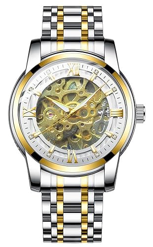 TEINTOP Automatik Uhr Herren Skelett Mechanische mit Edelstahlband(Gold Weiß) von TEINTOP