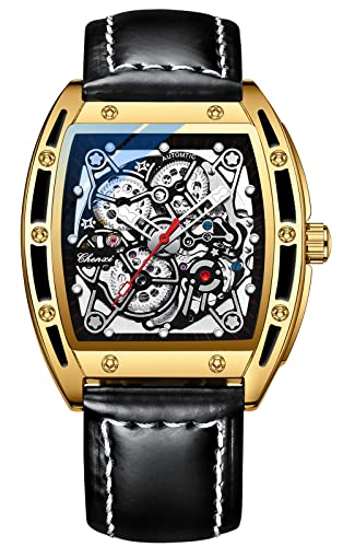 TEINTOP Chenxi Uhren für Herren Automatik Skelett Armbanduhren Leder Tonneau Uhr (Gold Schwarz) von TEINTOP