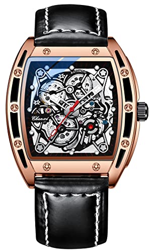 TEINTOP Chenxi Uhren für Herren Automatik Skelett Armbanduhren Leder Tonneau Uhr (Roségold Schwarz) von TEINTOP