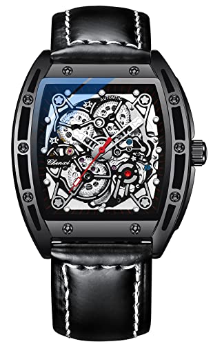 TEINTOP Chenxi Uhren für Herren Automatik Skelett Armbanduhren Leder Tonneau Uhr (Schwarz) von TEINTOP