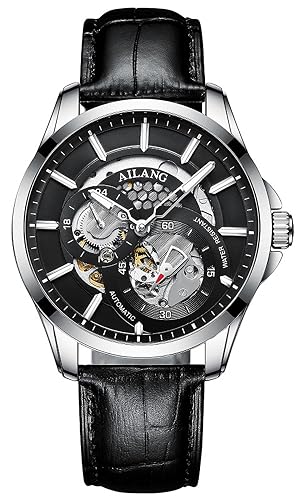 TEINTOP Herren Automatik Skelett Uhren Ailang Serie Lederband Männer Armbanduhr (Silber Schwarz) von TEINTOP