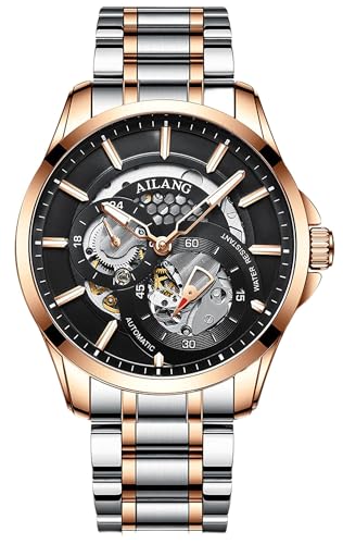 TEINTOP Herren Automatik Skelett Uhren Ailang Serie Stahlarmband Männer Armbanduhr (Roségold Schwarz) von TEINTOP