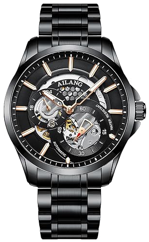 TEINTOP Herren Automatik Skelett Uhren Ailang Serie Stahlarmband Männer Armbanduhr (Schwarz) von TEINTOP