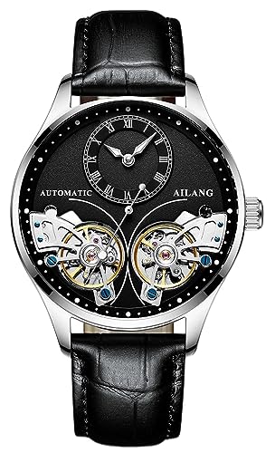 TEINTOP Herren Automatik Uhren Skelett Ailang Serie Lederband Männer Armbanduhr (Silber Schwarz) von TEINTOP