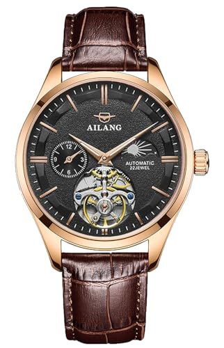 TEINTOP Herren Uhren Automatik Skelett Mechanische Mondphase Armbanduhr Männlich (Roségold Schwarz) von TEINTOP