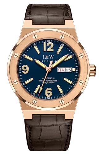 TEINTOP I&W Automatik Uhr Herren Mechanische Uhren Japanische Bewegung Lederarmband Armbanduhren (Roségold Blau) von TEINTOP