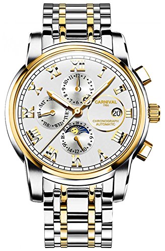 TEINTOP Multifunktionsuhren Herren Automatik Uhr Mechanische Edelstahl Armbanduhren (Gold Weiß) von TEINTOP