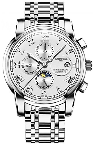TEINTOP Multifunktionsuhren Herren Automatik Uhr Mechanische Edelstahl Armbanduhren (Silber Weiß) von TEINTOP