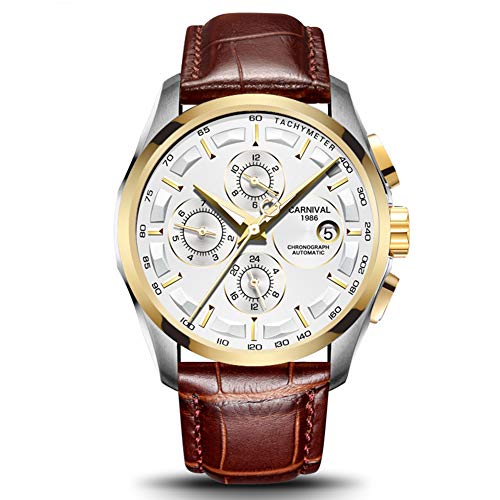 TEINTOP Multifunktionsuhren Herren Automatik Uhr Mechanische Leder Armbanduhren (Gold Weiß) von TEINTOP