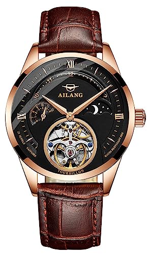 TEINTOP Herren Uhren Automatik Skelett Mechanische Mondphase Armbanduhr Männlich (Roségold Shwarz) von TEINTOP