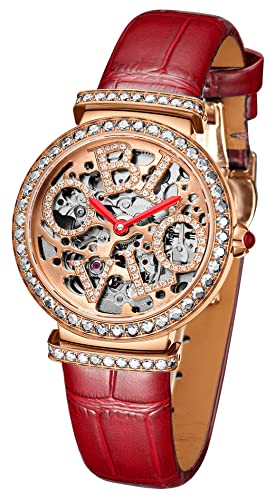 TEINTOP Oblvlo Damen Uhren Automatisches Japanisches Uhrwerk Skelett Luxus Strass (Silber Rot) von TEINTOP