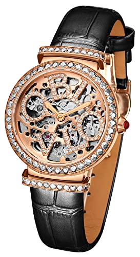 TEINTOP Oblvlo Damen Uhren Automatisches Japanisches Uhrwerk Skelett Luxus Strass (Silber schwarz) von TEINTOP