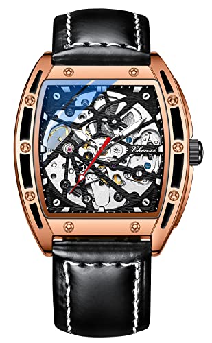 TEINTOP Chenxi Uhren für Herren Automatik Skelett Armbanduhren Leder Tonneau Uhr (Roségold Schwarz) von TEINTOP