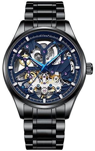 TEINTOP Uhren für Herren Automatik Skelett Armbanduhren mit Stahlarmband (Schwarz Blau) von TEINTOP