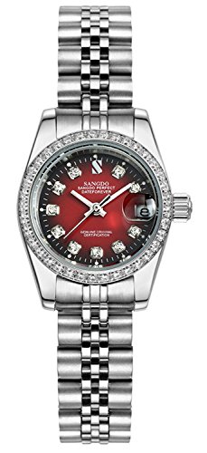 TEINTOP Sangdo Damen Automatik Uhr Mechanische Analog Selbstwind Edelstahlband(Rot Silber) von TEINTOP