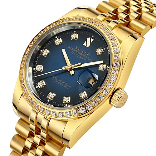 TEINTOP Sangdo Herren Uhren Automatische Armbanduhr Mechanisch Gold mit Edelstahlband (Vollgoldblaues Zifferblatt) von TEINTOP