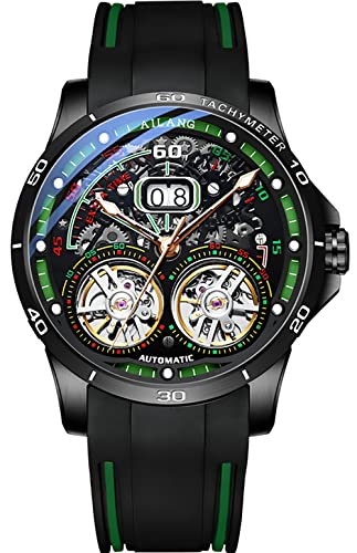 TEINTOP Skelett Uhren für Herren Automatik Mechanische mit Dual Balance Räder (Schwarz Grün) von TEINTOP