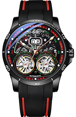 TEINTOP Skelett Uhren für Herren Automatik Mechanische mit Dual Balance Räder (Schwarz Rot) von TEINTOP