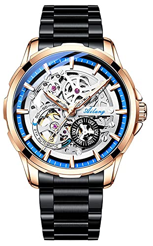 TEINTOP Skelett Uhren für Herren mit Steampunk Automatik Stahlband Armbanduhren (Roségold Blau) von TEINTOP