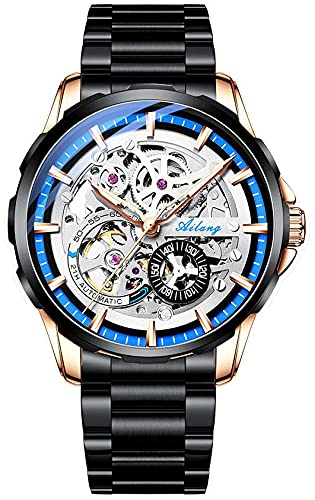 TEINTOP Skelett Uhren für Herren mit Steampunk Automatik Stahlband Armbanduhren (Roségold Schwarz Blau) von TEINTOP